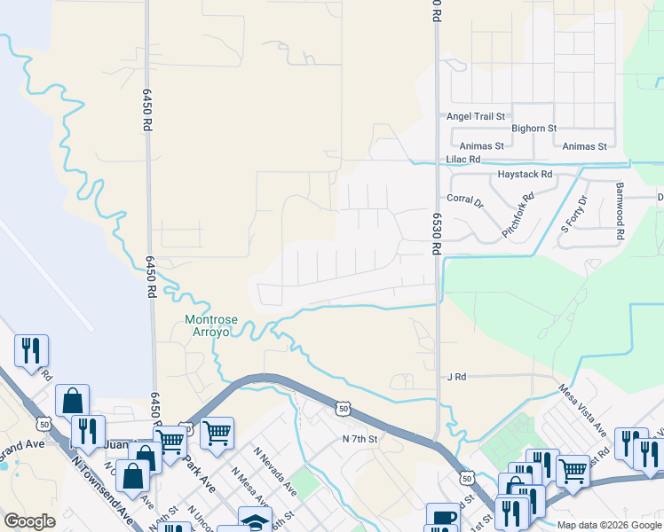 map of restaurants, bars, coffee shops, grocery stores, and more near 3404 Coyote Court in Montrose