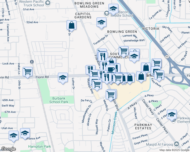 map of restaurants, bars, coffee shops, grocery stores, and more near 3950 Florin Road in Sacramento