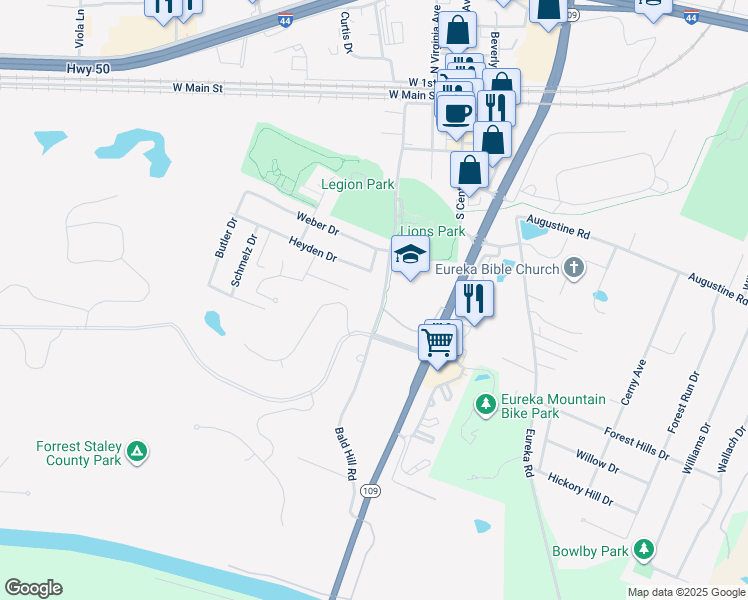 map of restaurants, bars, coffee shops, grocery stores, and more near 503 Bald Hill Road in Eureka