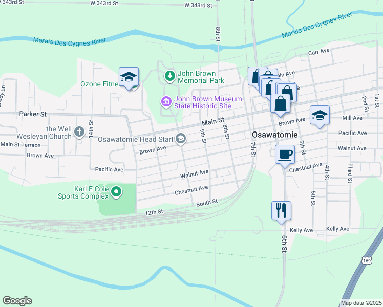map of restaurants, bars, coffee shops, grocery stores, and more near 924 West Pacific Avenue in Osawatomie
