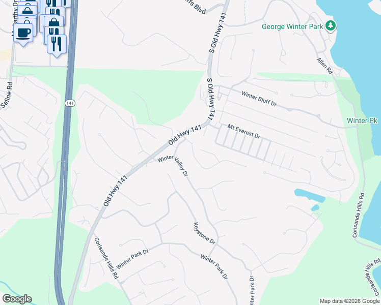 map of restaurants, bars, coffee shops, grocery stores, and more near 1134 Fenton Park Drive in Fenton