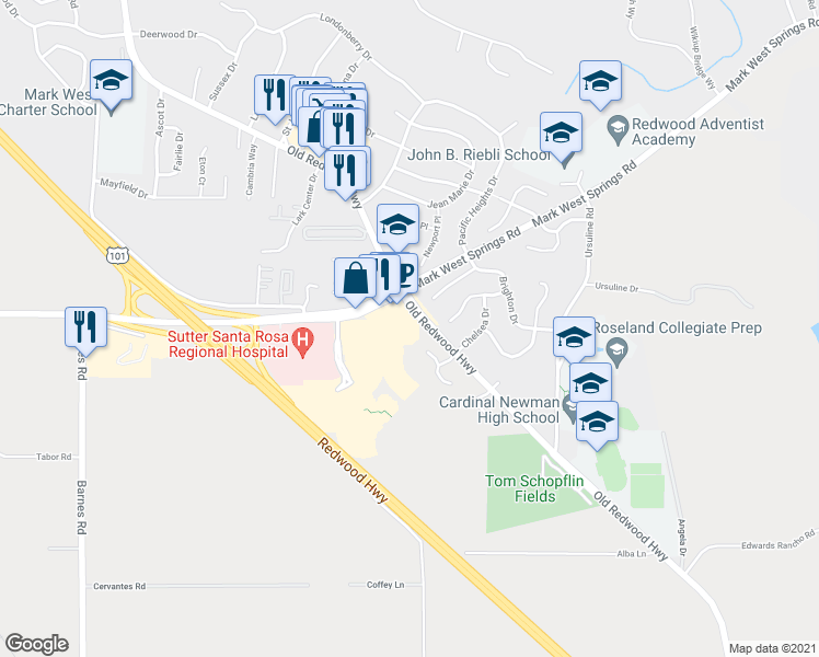 map of restaurants, bars, coffee shops, grocery stores, and more near 18 East Fulton Road in Santa Rosa