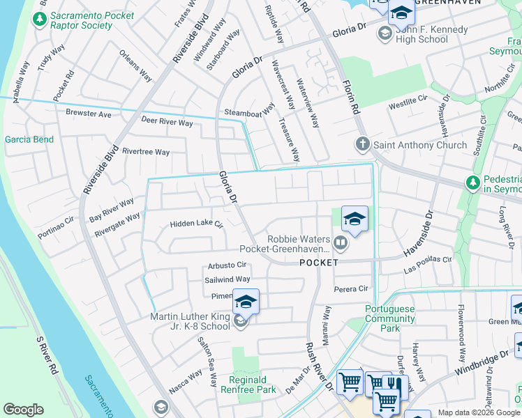 map of restaurants, bars, coffee shops, grocery stores, and more near 522 Rivergate Way in Sacramento