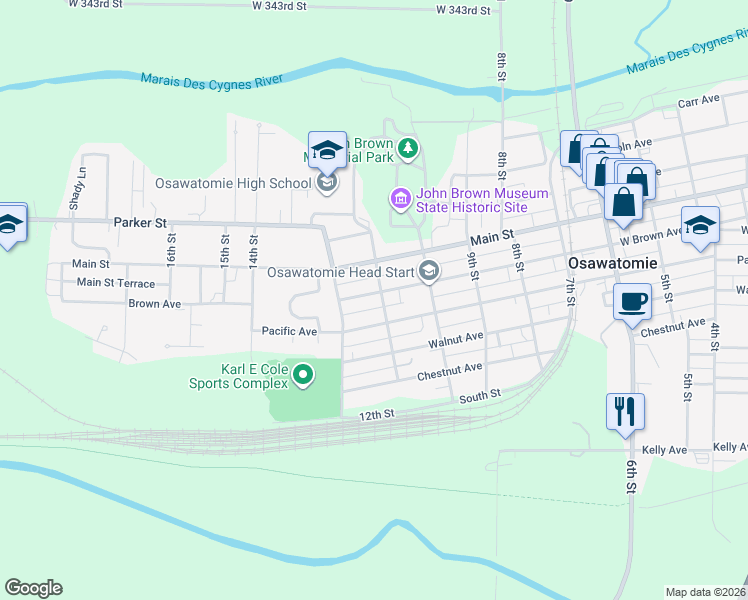 map of restaurants, bars, coffee shops, grocery stores, and more near 1107 Brown Avenue in Osawatomie