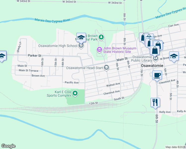 map of restaurants, bars, coffee shops, grocery stores, and more near 1107 Brown Avenue in Osawatomie