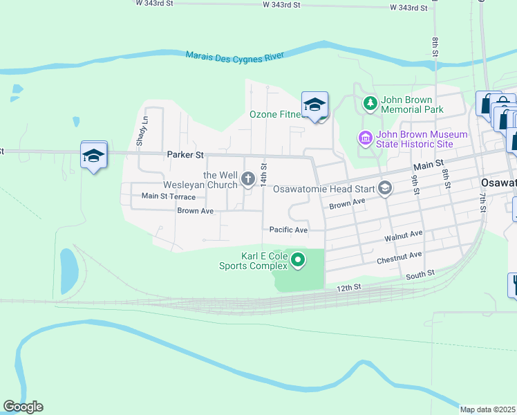 map of restaurants, bars, coffee shops, grocery stores, and more near 1400 Brown Avenue in Osawatomie