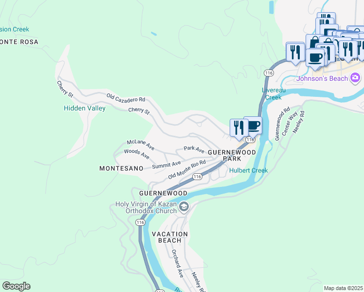 map of restaurants, bars, coffee shops, grocery stores, and more near 17395 Park Avenue in Guerneville