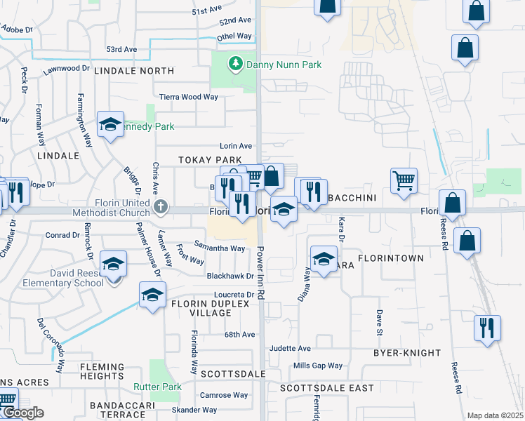 map of restaurants, bars, coffee shops, grocery stores, and more near in Florin