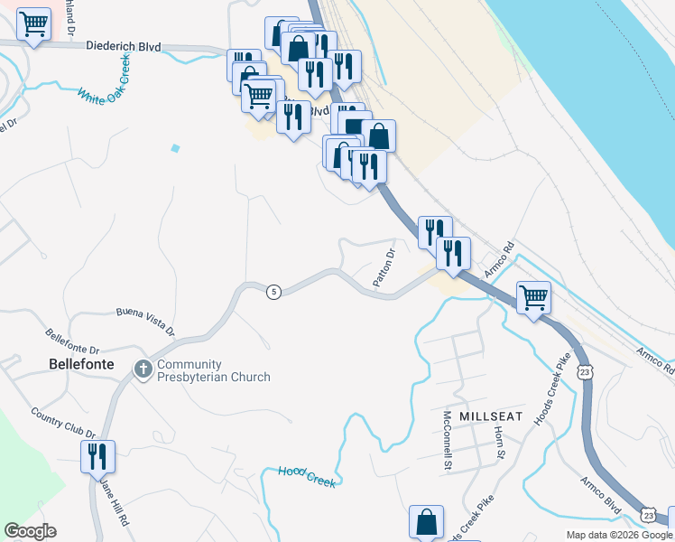 map of restaurants, bars, coffee shops, grocery stores, and more near 300-302 Bellefonte Princess Road in Westwood