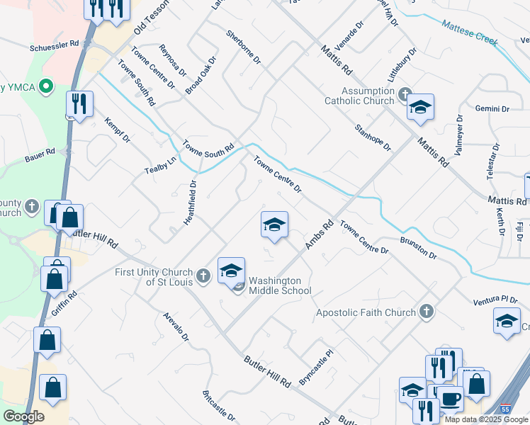 map of restaurants, bars, coffee shops, grocery stores, and more near 5018 Peyton Place Court in Saint Louis