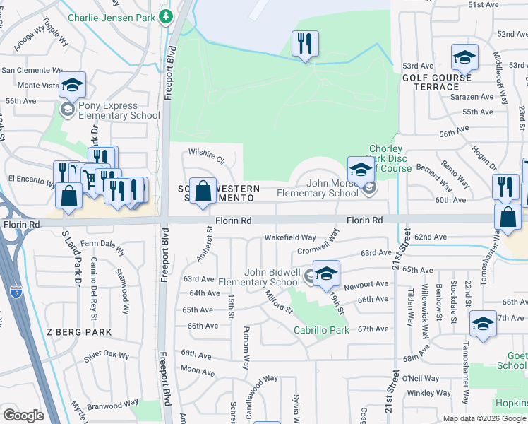 map of restaurants, bars, coffee shops, grocery stores, and more near 1631 Florin Road in Sacramento