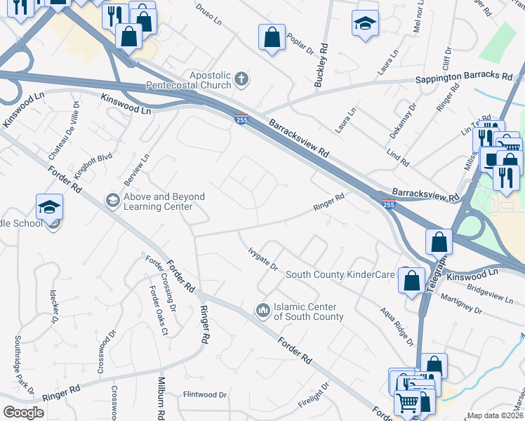 map of restaurants, bars, coffee shops, grocery stores, and more near 4140 Ricewood Dr in St Louis