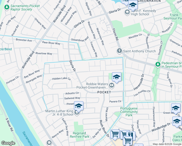 map of restaurants, bars, coffee shops, grocery stores, and more near 552 Rivergate Way in Sacramento