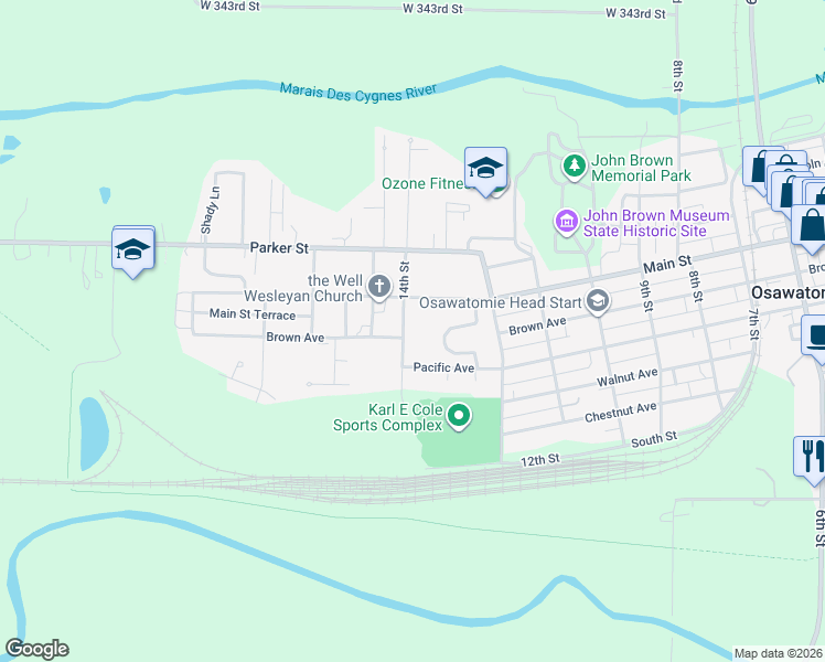 map of restaurants, bars, coffee shops, grocery stores, and more near 521 14th Street in Osawatomie