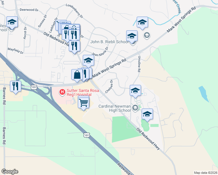 map of restaurants, bars, coffee shops, grocery stores, and more near 55 Chelsea Drive in Santa Rosa