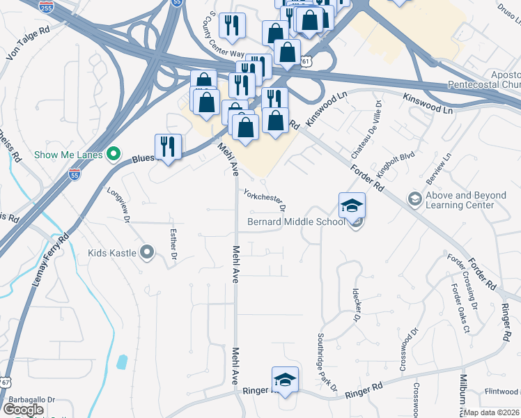 map of restaurants, bars, coffee shops, grocery stores, and more near 3215 Hedgetree Lane in St. Louis