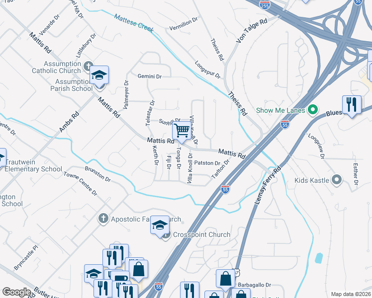 map of restaurants, bars, coffee shops, grocery stores, and more near 4712 Tonga Drive in St. Louis