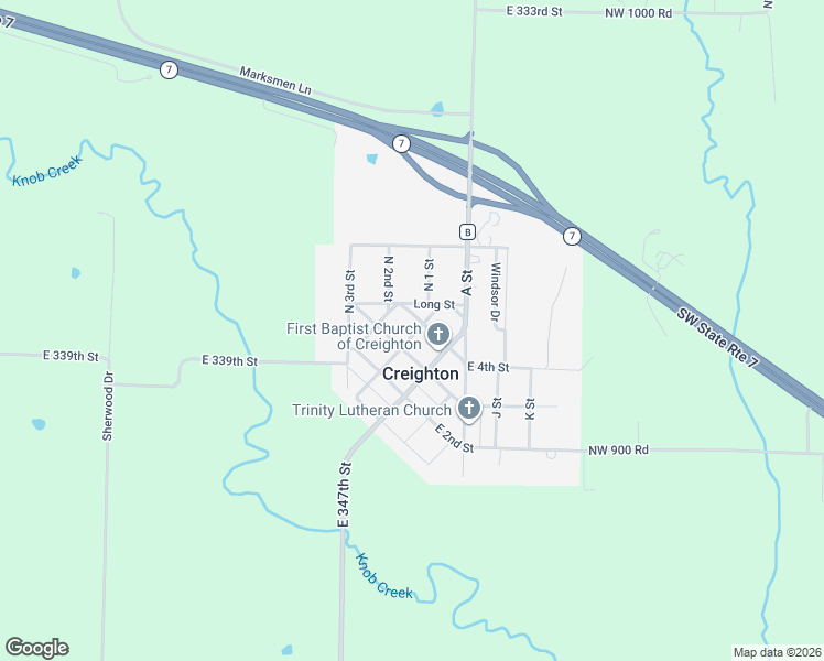 map of restaurants, bars, coffee shops, grocery stores, and more near 305 E Street in Creighton