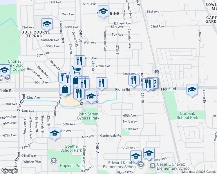 map of restaurants, bars, coffee shops, grocery stores, and more near 7141 Woodbine Avenue in Sacramento