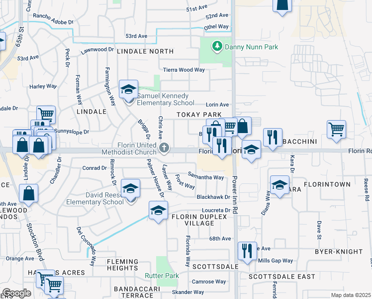 map of restaurants, bars, coffee shops, grocery stores, and more near Florin Road & Strand Street in Sacramento