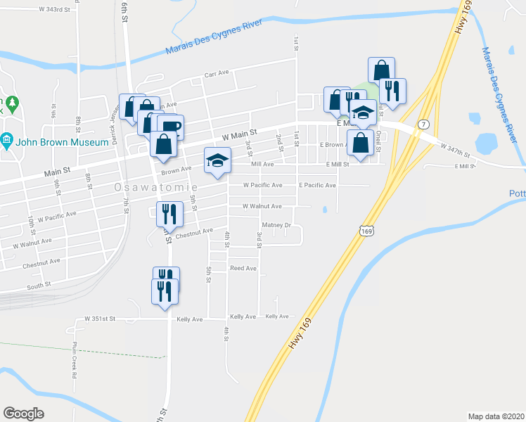 map of restaurants, bars, coffee shops, grocery stores, and more near 141 West Walnut Avenue in Osawatomie