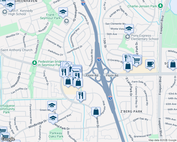 map of restaurants, bars, coffee shops, grocery stores, and more near 7181 Reichmuth Way in Sacramento