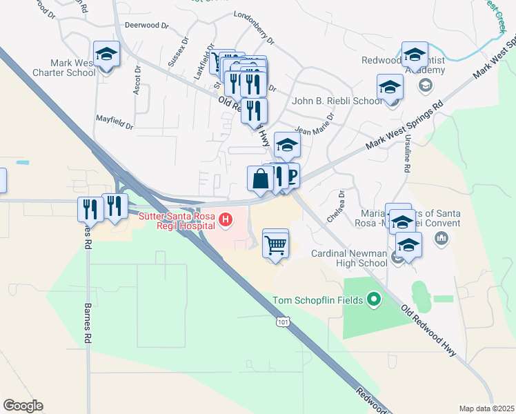 map of restaurants, bars, coffee shops, grocery stores, and more near 50 Mark West Springs Road in Santa Rosa
