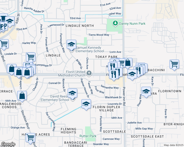 map of restaurants, bars, coffee shops, grocery stores, and more near 7621 Florin Road in Sacramento