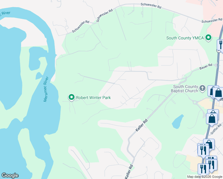 map of restaurants, bars, coffee shops, grocery stores, and more near 10324 Bauer Road in St. Louis