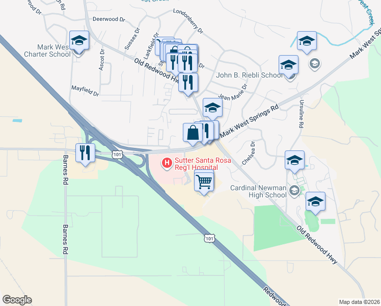 map of restaurants, bars, coffee shops, grocery stores, and more near 18 E Fulton Rd in Santa Rosa