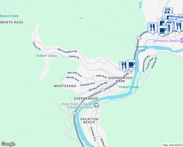 map of restaurants, bars, coffee shops, grocery stores, and more near 17395 Park Avenue in Guerneville