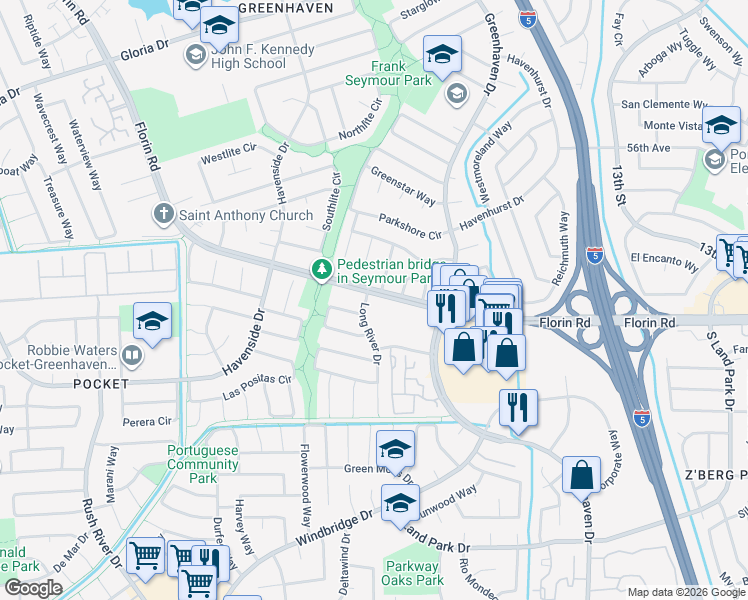 map of restaurants, bars, coffee shops, grocery stores, and more near 7180 Long River Drive in Sacramento