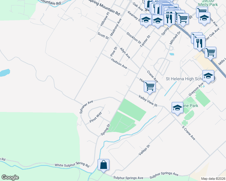 map of restaurants, bars, coffee shops, grocery stores, and more near 1261 Spring Brook Court in Saint Helena
