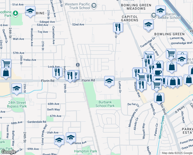 map of restaurants, bars, coffee shops, grocery stores, and more near 3463 Florin Road in Sacramento