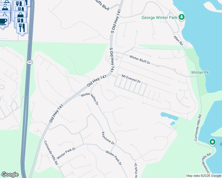 map of restaurants, bars, coffee shops, grocery stores, and more near 125 Fenton Park Court in Fenton