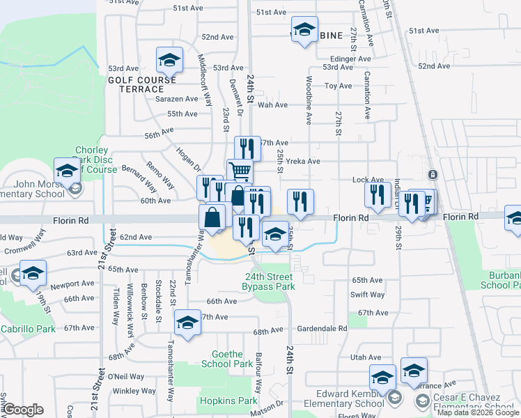 map of restaurants, bars, coffee shops, grocery stores, and more near 7155 24th Street in Sacramento