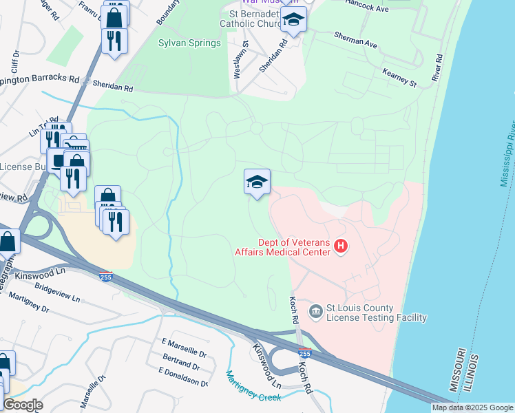 map of restaurants, bars, coffee shops, grocery stores, and more near 3131 Koch Road in St. Louis
