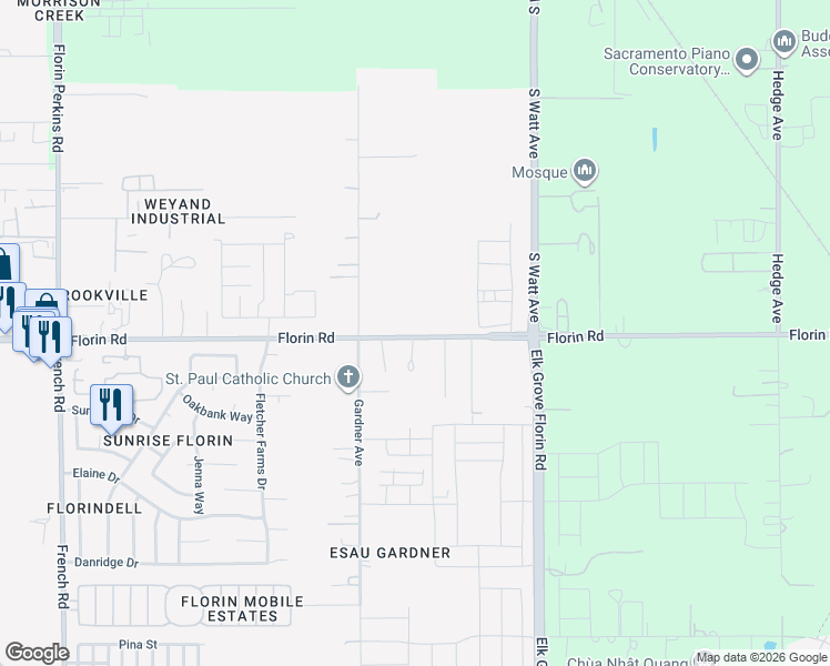 map of restaurants, bars, coffee shops, grocery stores, and more near 8765 Florin Road in Sacramento