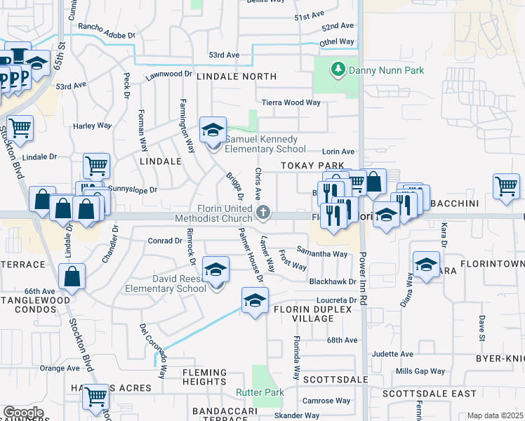 map of restaurants, bars, coffee shops, grocery stores, and more near 7621 Florin Road in Sacramento