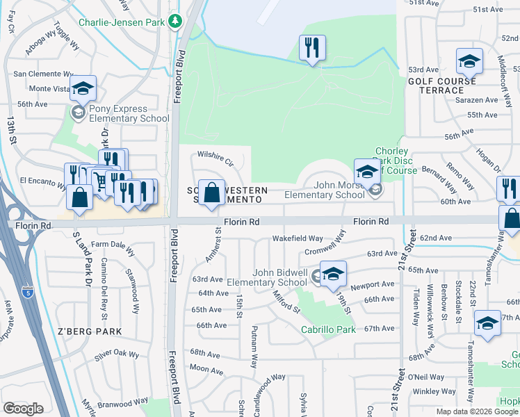 map of restaurants, bars, coffee shops, grocery stores, and more near 1631 Florin Road in Sacramento