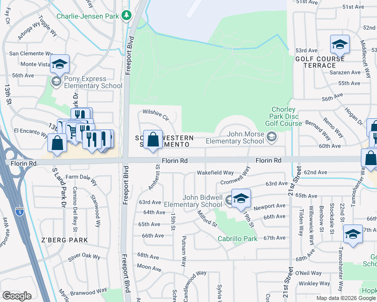 map of restaurants, bars, coffee shops, grocery stores, and more near 1631 Florin Road in Sacramento