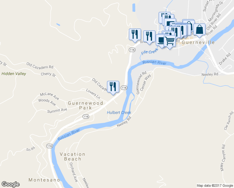 map of restaurants, bars, coffee shops, grocery stores, and more near 14003 Old Cazadero Road in Guerneville