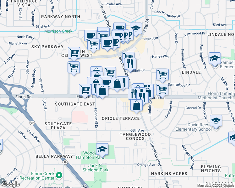 map of restaurants, bars, coffee shops, grocery stores, and more near 6081 Florin Road in Sacramento