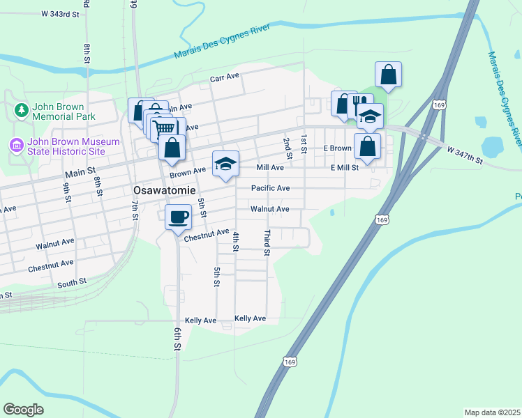 map of restaurants, bars, coffee shops, grocery stores, and more near 141 West Walnut Avenue in Osawatomie
