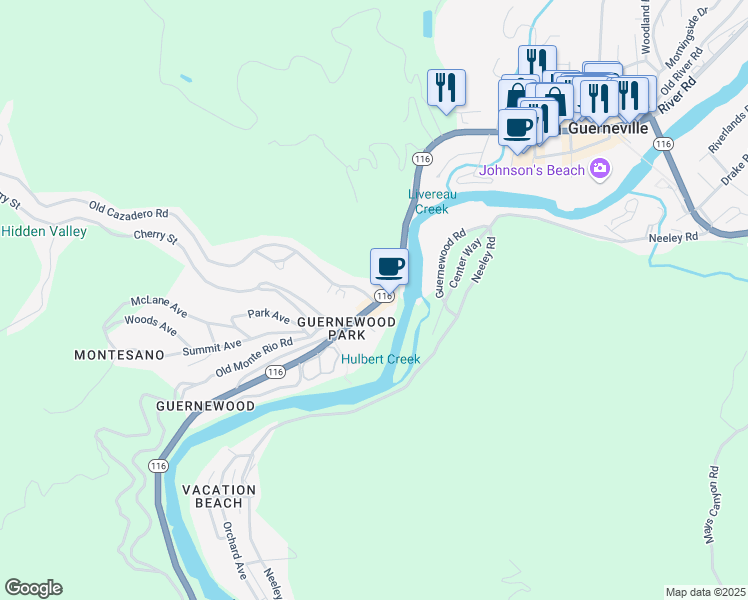 map of restaurants, bars, coffee shops, grocery stores, and more near 14003 Old Cazadero Road in Guerneville