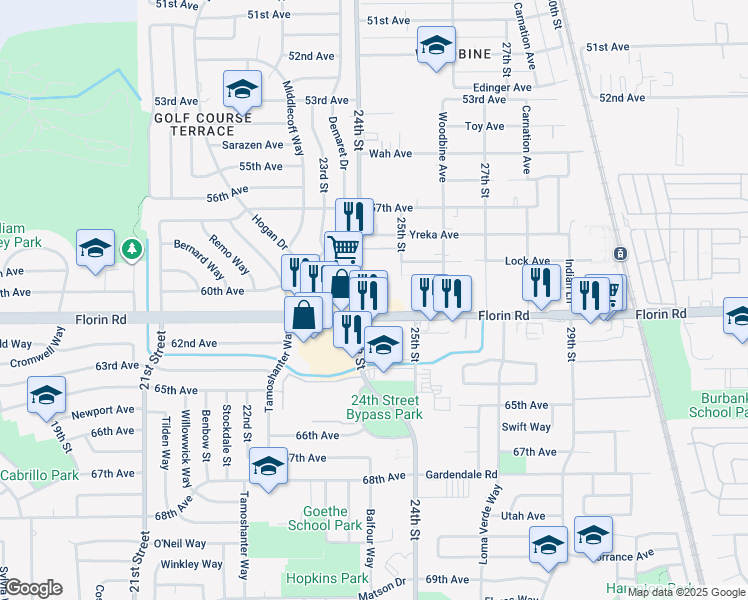 map of restaurants, bars, coffee shops, grocery stores, and more near in Sacramento