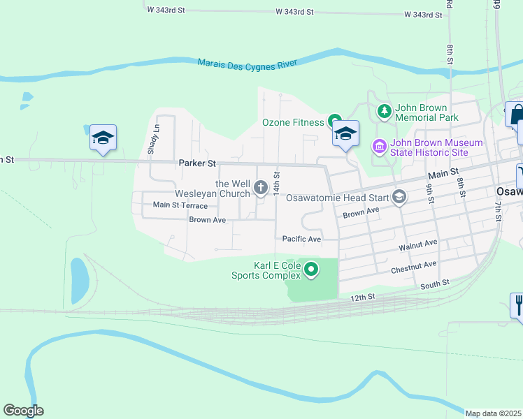 map of restaurants, bars, coffee shops, grocery stores, and more near 1400 Brown Avenue in Osawatomie