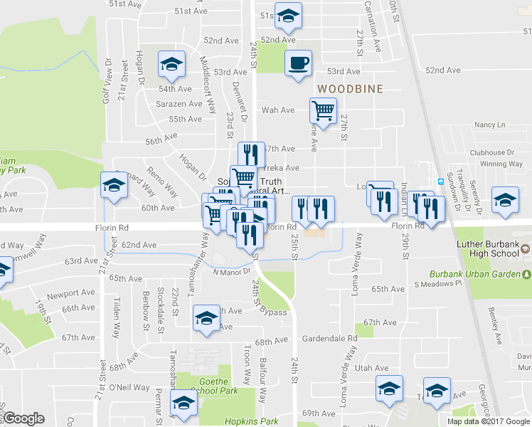 map of restaurants, bars, coffee shops, grocery stores, and more near 7155 24th Street in Sacramento