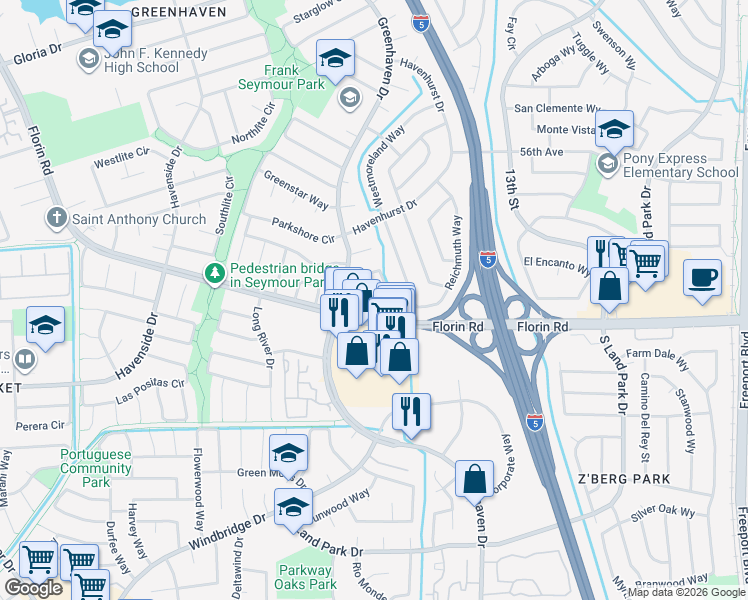 map of restaurants, bars, coffee shops, grocery stores, and more near 1 Woodriver Court in Sacramento