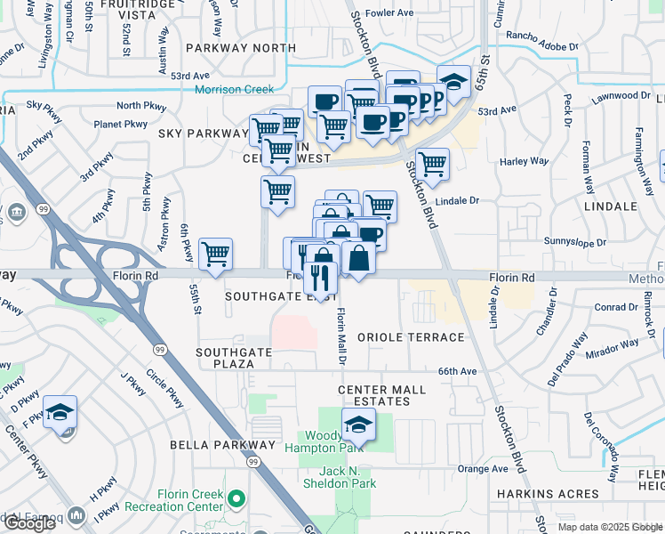 map of restaurants, bars, coffee shops, grocery stores, and more near 7221 Florin Mall Drive in Sacramento